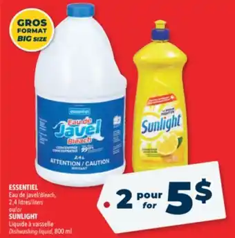 Familiprix Essentiel bleach, 2,4 litres or sunlight dishwashing liquid, 800 ml offer