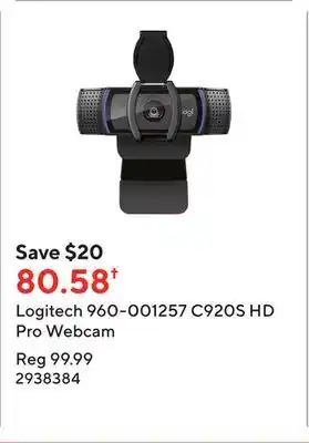 Staples Logitech 960-001257 c920s hd pro webcam offer