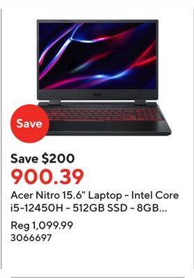 Staples Acer nitro 15.6 laptop - intel core i5-12450h - 512gb ssd - 8gb ram - windows 11 - black offer
