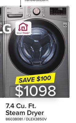 Leon's Lg graphite steel front load electric steam dryer with built-in ai (7.4 cu.ft) - dlex3850v offer