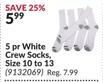 Princess Auto 5 pr white crew socks, size 10 to 13 offer