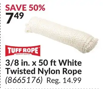 Princess Auto 3/8 in. x 50 ft white twisted nylon rope offer