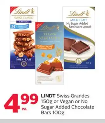 Rexall Lindt swiss grandes 150g or vegan or no sugar added chocolate bars 100g offer