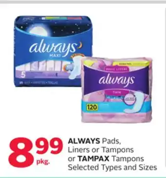 Rexall Always pads, liners or tampons or tampax tampons offer