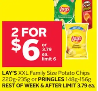 Rexall Lay's xxl family size potato chips 220g-235g or pringles 148g-156g offer