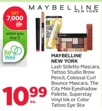Rexall Maybelline new york lash stiletto mascara, tattoo studio brow pencil, colossal curl bounce mascara, the city mini eyeshadow p offer
