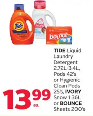 Rexall Tide liquid laundry detergent 2.72l-3.4l, pods 42' s or hygienic clean pods 25' s, ivory snow 1.36l or bounce sheets 200' s offer