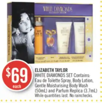 Shoppers Drug Mart Elizabeth taylor white diamonds set contains: toilette spray, body lotion, gentle moisturising body wash (50ml) and parfum re offer
