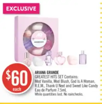 Shoppers Drug Mart Ariana grande greatest hits set contains: mod vanilla, mod blush, god is a woman, r.e.m., thank u next and sweet like candy e offer