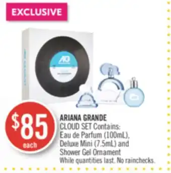 Shoppers Drug Mart Ariana grande cloud set contains: eau de parfum (100ml), deluxe mini (7.5ml) and shower gel ornament offer