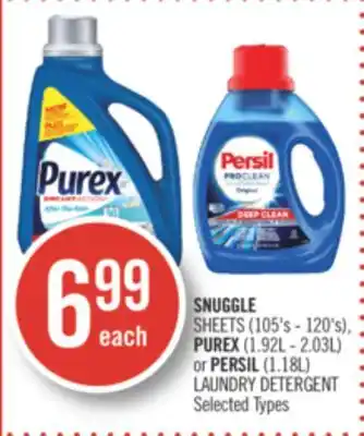 Shoppers Drug Mart Snuggle sheets (105's - 120's), purex (1.92l - 2.03l) or persil (1.18l) laundry detergent offer