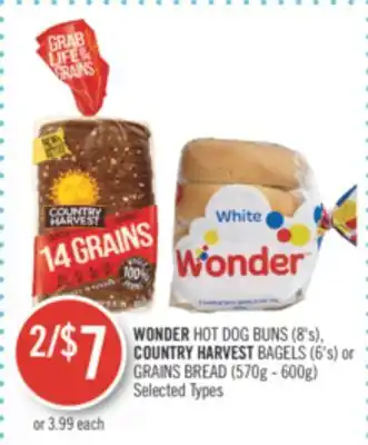Shoppers Drug Mart Wonder hot dog buns (8's), country harvest bagels (6's) or grains bread (570g - 600g) offer