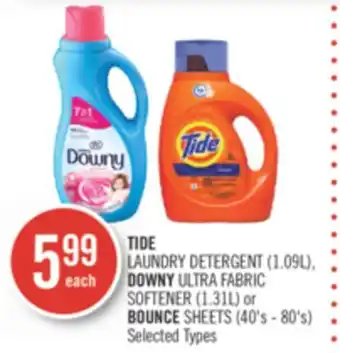 Shoppers Drug Mart Tide laundry detergent (1.09l), downy ultra fabric softener (1.31l) or bounce sheets (40's - 80's) offer