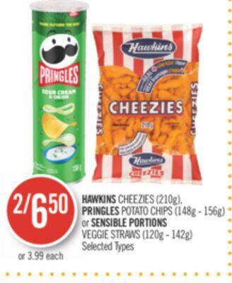 Shoppers Drug Mart Hawkins cheezies (210g), pringles potato chips (148g - 156g) or sensible portions veggie straws (120g - 142g) offer