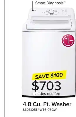 Leon's Lg white top load washer with agitator and slamproof glass lid (4.8 cu. ft) -wt6105cw offer