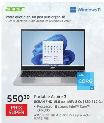 The Source Portable aspire 3 écran fhd 15,6 po | mev 8 go | ssd 512 go acer offer