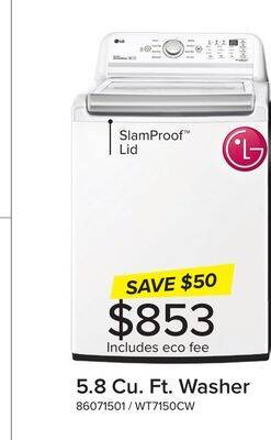 Leon's Lg white top load washer with 6motion technology (5.8 cu. ft.) - wt7150cw offer