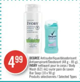Pharmaprix Degree antiperspirant/deodorant (48 g - 85 g), ivory body wash (621 ml) bar soap (10 x 90 g) offer