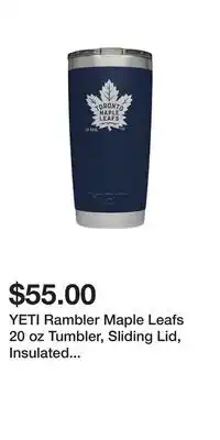Sport Chek Yeti rambler maple leafs 20 oz tumbler, sliding lid, insulated stainless steel offer