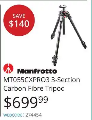 Vistek Manfrotto 3-section carbon fibre tripod offer