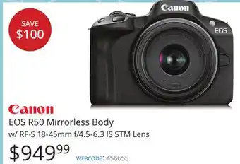 Vistek Canon eos r50 mirrorless body w/rf-s 18-45mm f/4.5-6.3 is stm lens offer