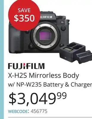 Vistek Fujifilm x-h2s mirrorless body w/np-w235 battery & charger offer