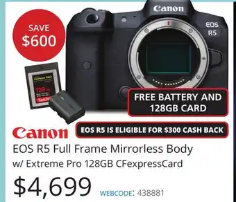 Vistek Canon eos r5 full frame mirrorless body w/extreme pro 128gb cfexpresscard offer