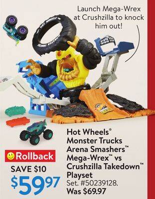 Walmart Hot wheels monster trucks arena smashers mega-wrex vs crushzilla takedown playset offer