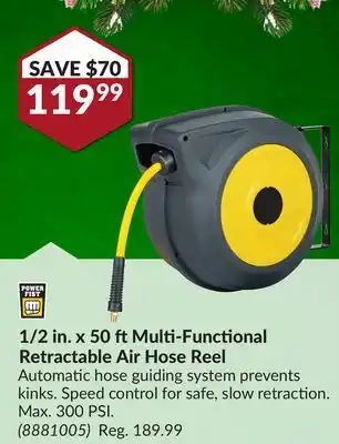 Princess Auto 1/2 in. x 50 ft multi-functional retractable air hose reel offer