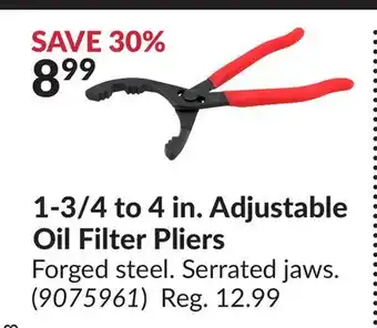 Princess Auto 1-3/4 to 4 in. adjustable oil filter pliers offer