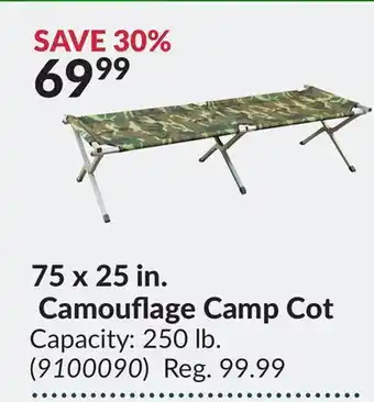 Princess Auto 75 x 25 in. camouflage camp cot offer