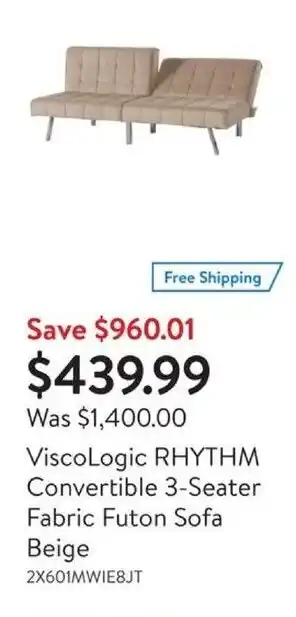 Walmart ViscoLogic RHYTHM Convertible 3-Seater Fabric Futon Sofa Beige offer