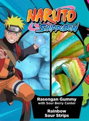 Showcase Rasengan gummy with sour berry center or rainbow sour strips offer