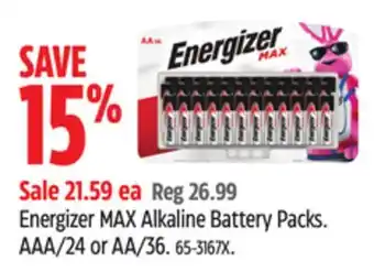 Canadian Tire Energizer max alkaline battery packs offer