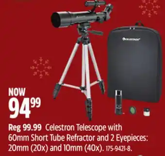 Canadian Tire Celestron telescope with 60mm short tube refractor and 2 eyepieces: 20mm (20x) and 10mm (40x) offer