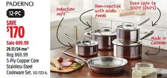 Canadian Tire Paderno 5-ply copper core stainless-steel cookware set offer
