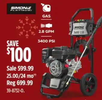 Canadian Tire Simoniz platinum 3400 psi 2.8 gpm cold water wheeled gas pressure washer w/briggs & stratton engine offer