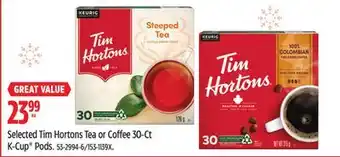Canadian Tire Selected tim hortons tea or coffee 30-ct k-cup pods offer