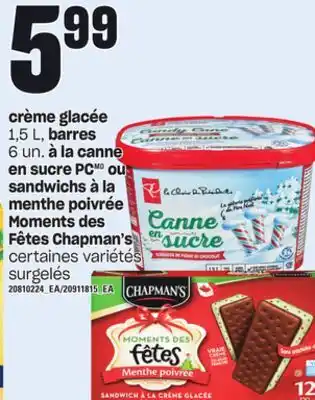 Provigo Crème glacée 1,5 l, barres 6 un. à la canne en sucre pcmd ou sandwichs à la menthe poivrée moments des fêtes chapman's offer
