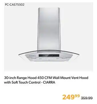 Shopper+ 30-inch range hood 450 cfm wall mount vent hood with soft touch control - ciarra offer