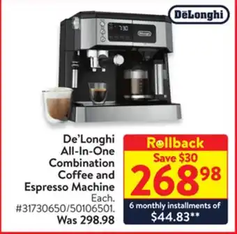 Walmart De'longhi all-in-one combination coffee and espresso machine offer