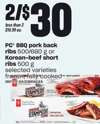 Loblaws Pc bbq pork back ribs 500/680 g or korean-beef short ribs offer