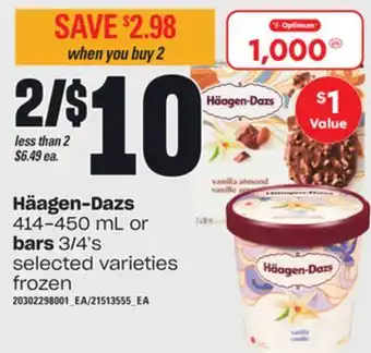 Loblaws Häagen-dazs, 414-450 ml or bars, 3/4's offer