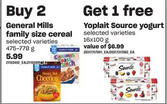 Loblaws General mills family size cereal, 475-778 g offer
