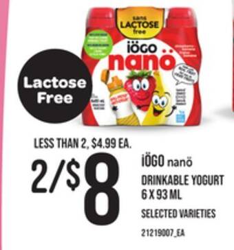 Loblaws Iögo nanö drinkable yogurt, 6 x 93 ml offer