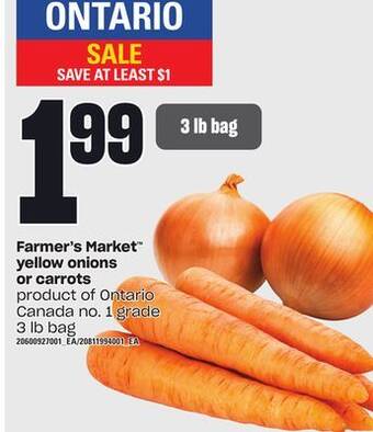 Loblaws Farmer's market yellow onions or carrots, 3 lb bag offer