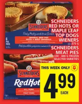 Food Basics Schneiders red hots or maple leaf top dogs wieners or schneiders meat pies offer