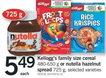 Fortinos Kellogg's family size cereal 480-650 g or nutella hazelnut spread 725 g, 725 g offer
