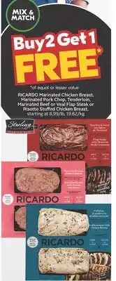 Sobeys Ricardo marinated chicken breast, marinated pork chop, tenderloin, marinated beef or veal flap steak or risotto stuffed chick offer