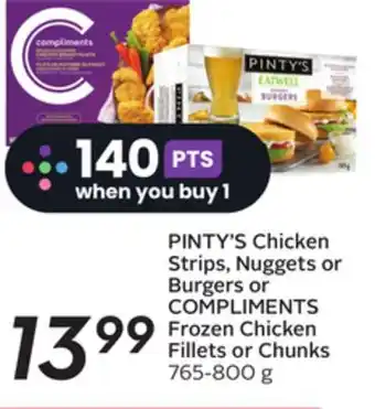 Sobeys Pinty's chicken strips, nuggets or burgers or compliments frozen chicken fillets or chunks offer
